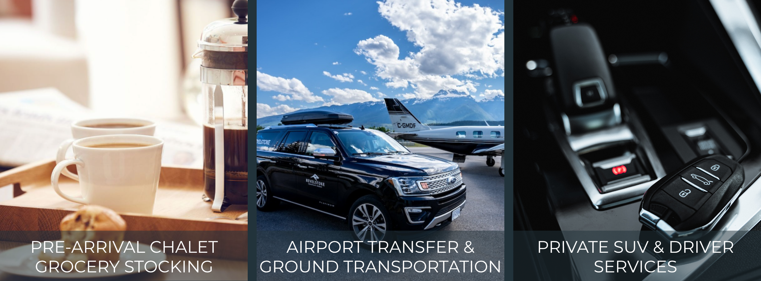 Concierge Services Pre-arrival Chalet Grocery Stocking, Airport Transfer & Ground Transportation, Private SUV & Driver Services