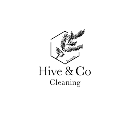 Logo of Hive & Co Cleaning featuring a minimalist hexagon design with a sprig of foliage, emphasizing eco-friendly cleaning services.